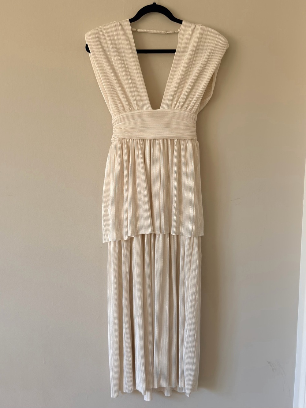 Sabina Musayev White Shimmer Plunging V-Neck Tiered Midi Dress S